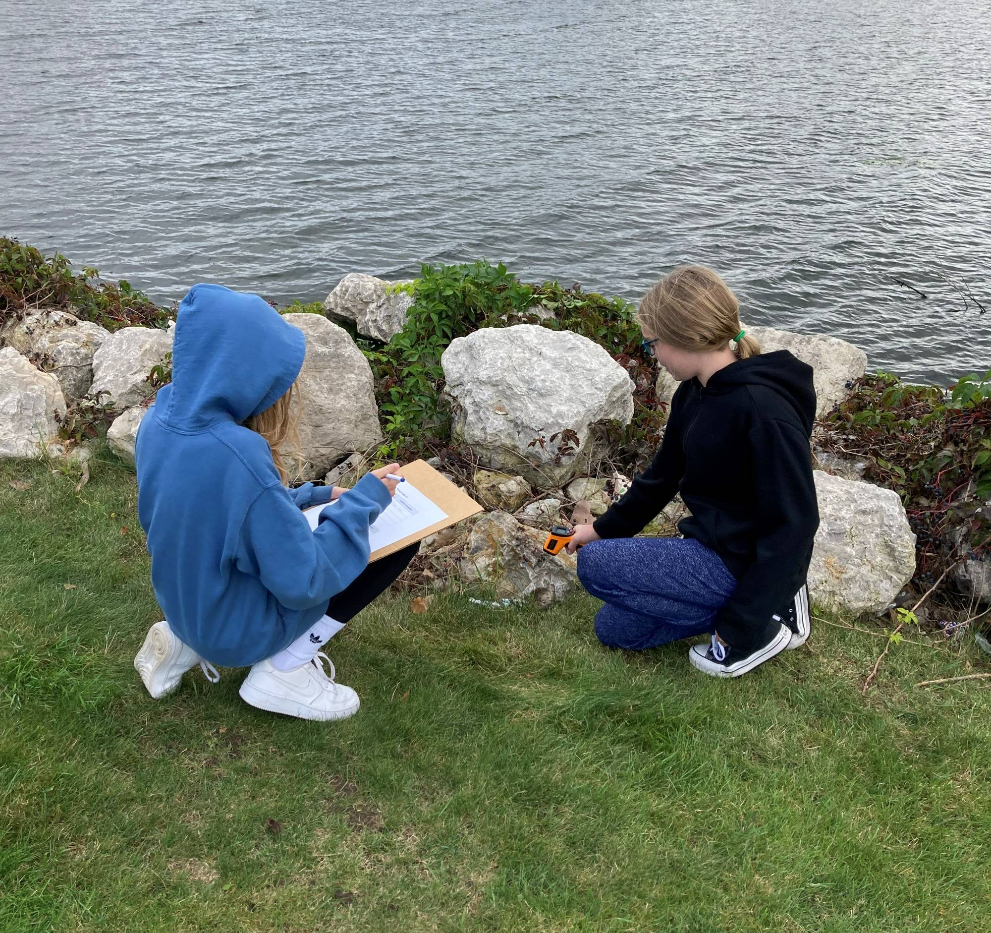 Students gather measurements on the shore of Muskegon Lake